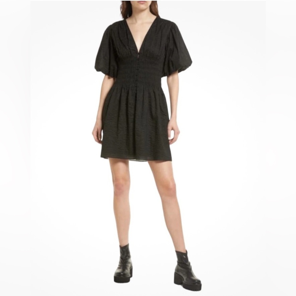 Frame Black Puff-Sleeved Mini Dress, Size Small